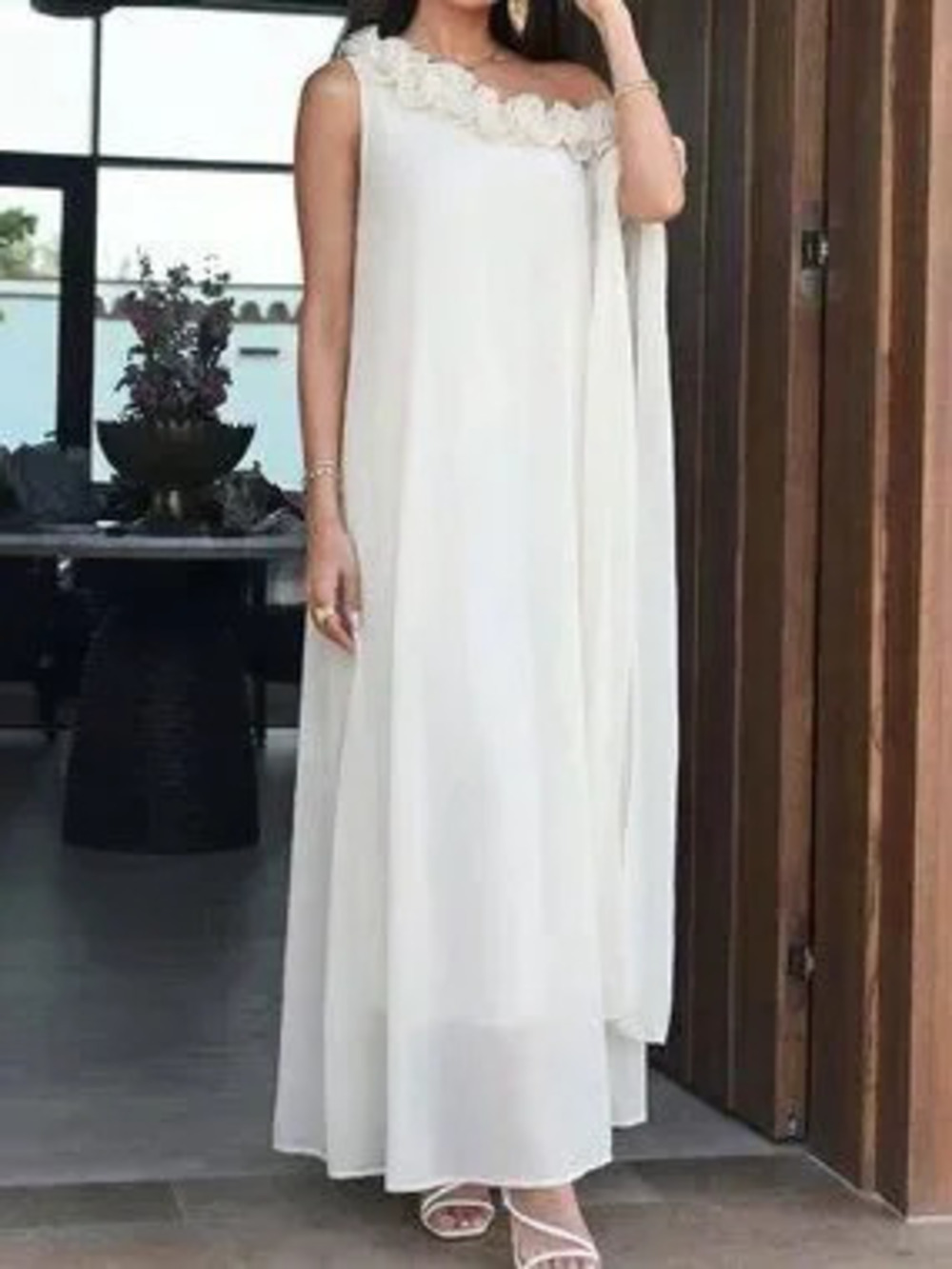 Apricot Casual Women's Elegant Frill Trim Sleeveless Dress